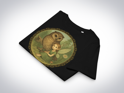 Black t-shirt with an owl and fairy design on a white background. The shirt is folded to show the circle shaped graphic, the sleeve, and the collar.  Fairy is sitting on the ground in a forest next to a great horned owl. Fairy is wearing a long green dress with hair pulled back to show sharply pointed ears. 