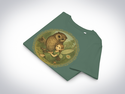 Bay Green t-shirt with an owl and fairy design on a white background. The shirt is folded to show the circle shaped graphic, the sleeve, and the collar.  Fairy is sitting on the ground in a forest next to a great horned owl. Fairy is wearing a long green dress with hair pulled back to show sharply pointed ears. 