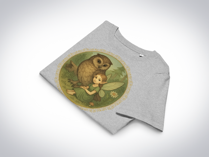 Athletic Grey t-shirt with an owl and fairy design on a white background. The shirt is folded to show the circle shaped graphic, the sleeve, and the collar.  Fairy is sitting on the ground in a forest next to a great horned owl. Fairy is wearing a long green dress with hair pulled back to show sharply pointed ears. 