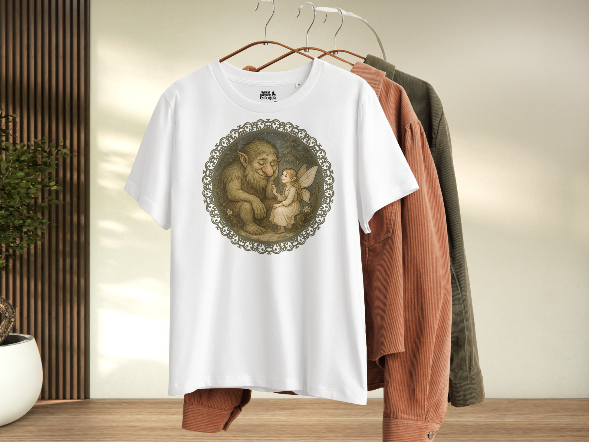 White graphic women's fantasy t-shirt with a graphic design of a fairy and a troll on a hanger with other clothes.