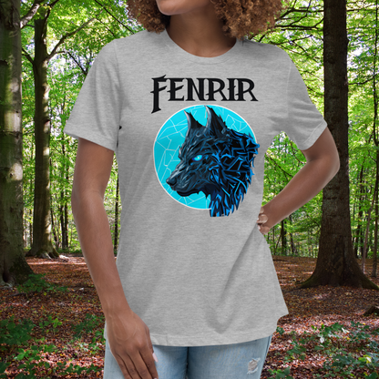 Fenrir Wolf Women's Tshirt Heather Grey Front view on Model. White graphic tee with Fenrir text above a blue moon covered in cracks of lightening. The head of Fenrir the Wolf is looking to the right. His ears are up and his eyes are a bright blue. Pop art Graphic with the fur highlighted in lightening blue. Fantasy Gift for Her