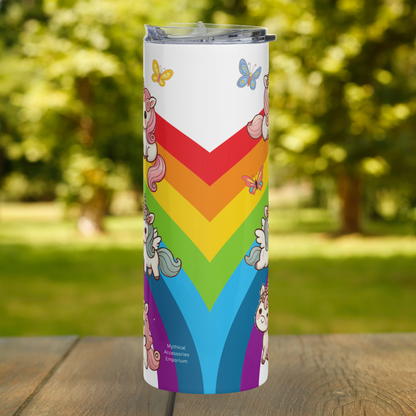 Kawaii fantasy rainbow 20 oz food grade stainless steel tumbler back view. The left and right side of the rainbow come together for a V of rainbow color. To the left and right you glimpse parts of Pegasus and unicorns. Bright butterflies fly around the tumbler.  Funny Friend Gift