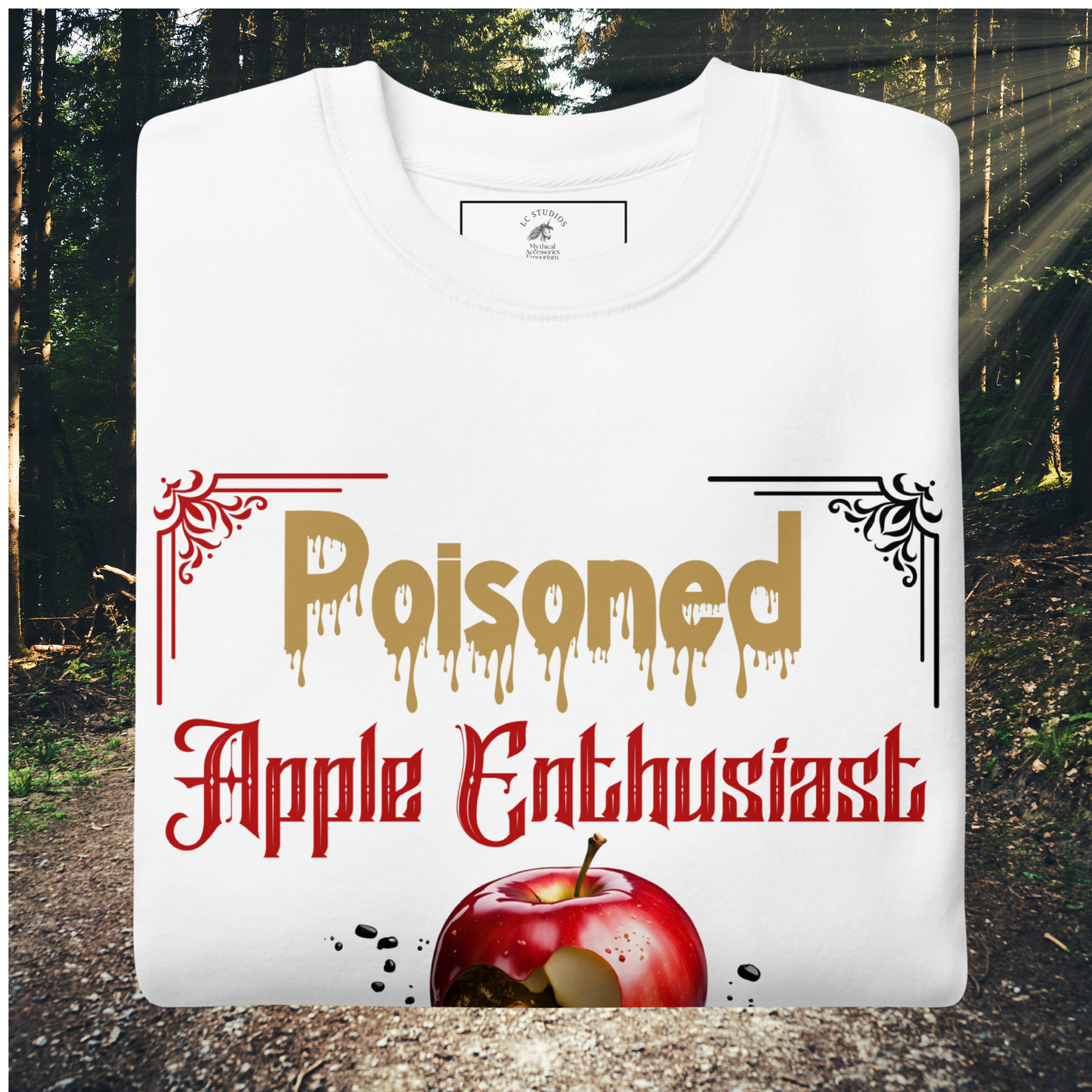 Folded Men's White Sweatshirt, Poisoned Apple Enthusiast above a decaying apple sitting in a black pool of poison. Based on Grimms Fairy Tale Snow White, Dark Fantasy Gift 
