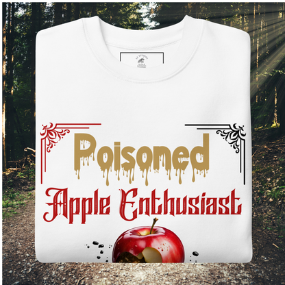 Folded Men's White Sweatshirt, Poisoned Apple Enthusiast above a decaying apple sitting in a black pool of poison. Based on Grimms Fairy Tale Snow White, Dark Fantasy Gift 