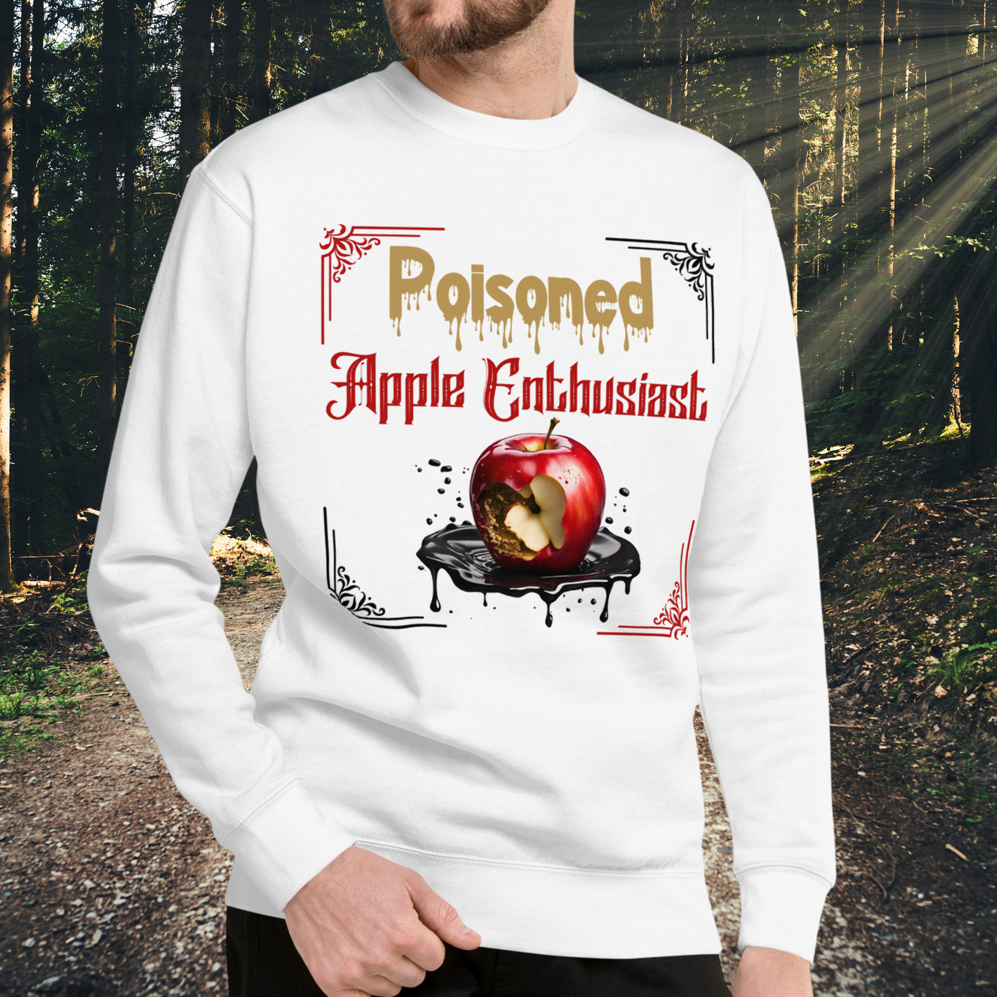 Men's White Sweatshirt, Poisoned Apple Enthusiast above a decaying apple sitting in a black pool of poison. Based on Grimms Fairy Tale Snow White, Dark Fantasy Gift 