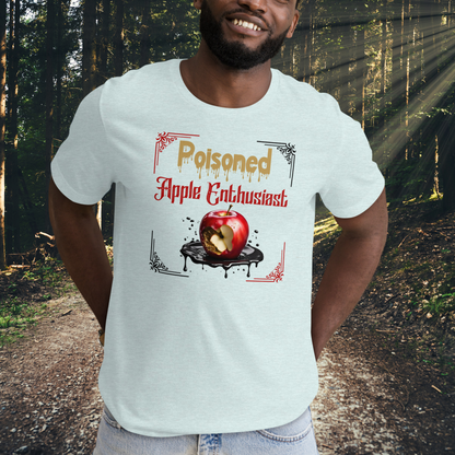 Front View Heather Prism Ice Blue Men's Poison Apple Enthusiast above a decaying apple sitting in a black pool of poison framed in red and black