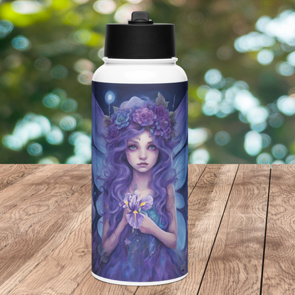 Front View of Stainless Steel Bottle with black lid. Fairy with purple wings, purple hair, purple flower crown, purple dress holding a purple iris in front of her.
