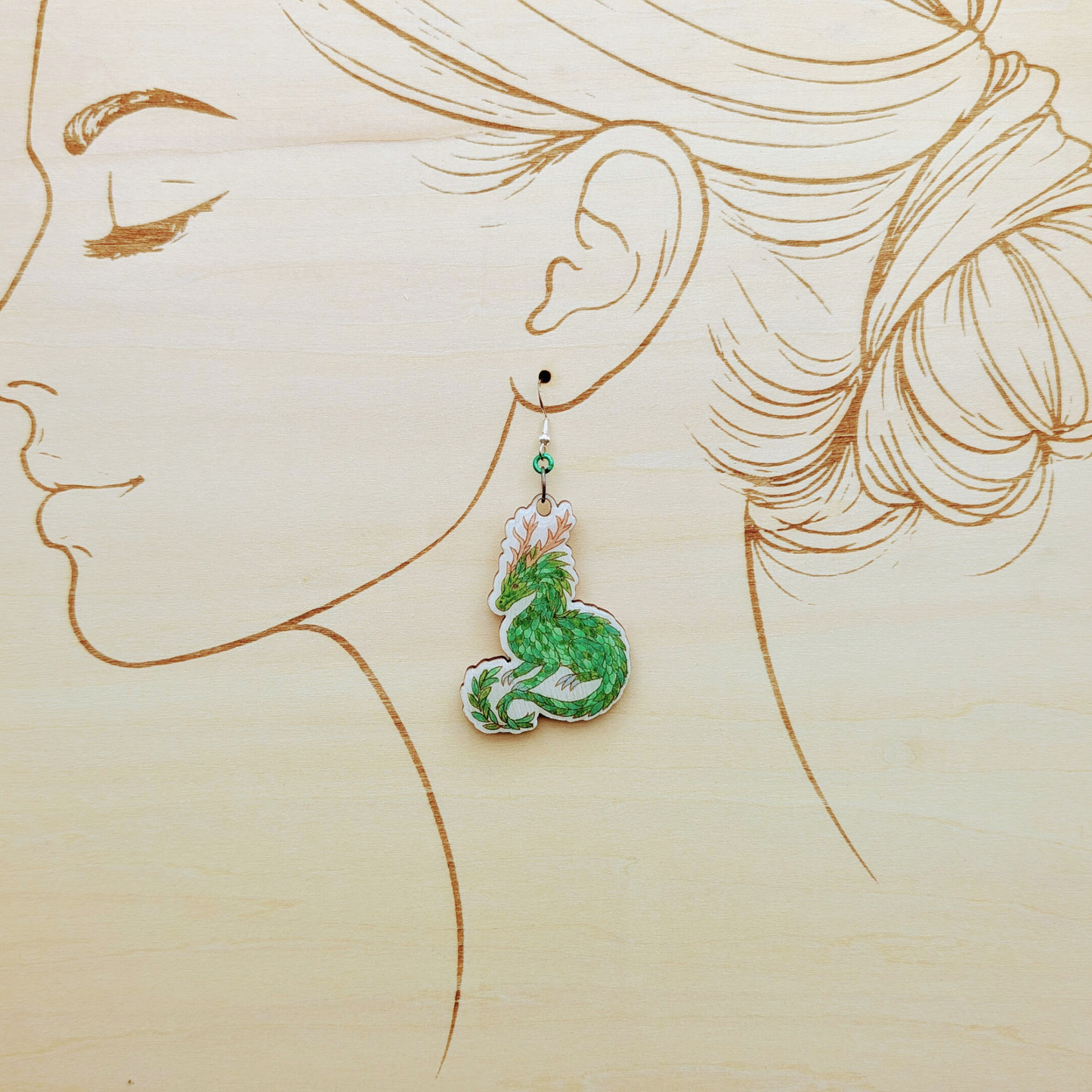 Earth Dragon Earrings, Handmade Wood Jewelry