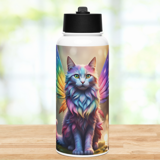 Front view Stainless steel 32 oz water bottle with black lid. Long haired Fairy cat with pastel rainbow fur and amber eyes with green. YOu can see rainbow wings spreading out to each side. Fairy lights surround the cat as she sits on mossy stones. Purple overtones.