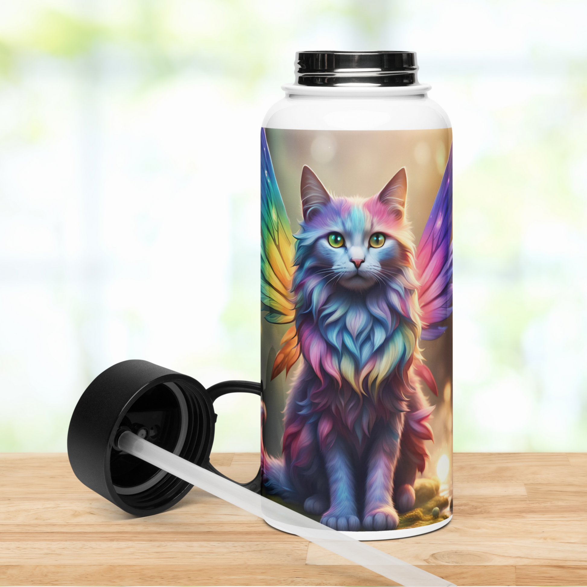 Front view of stainless steel water bottle with black lid next to bottle. You can see the plastic straw inserted into the bottom of the lid.