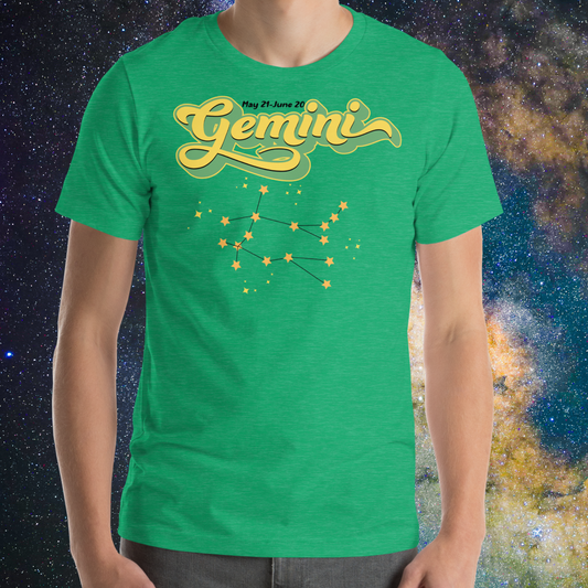 Front view of model wearing heather kelly green men's Gemini Tee. This Astrology T-Shirt has the word Gemini in large lemon yellow script shadowed in bright green for a 3-D effect. Above this it Says May 21-June 20. Under Gemini is the star constellation with yellow stars connected by a black line and yellow smaller stars surrounding this. The perfect May or June Birthday Gift for him or yourself.