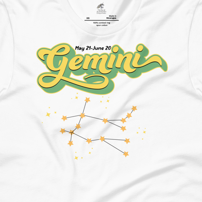 Up close view of men's white unisex Gemini Tee. This Astrology T-Shirt has the word Gemini in large lemon yellow script shadowed in bright green for a 3-D effect. Above this it Says May 21-June 20. Under Gemini is the star constellation with yellow stars connected by a black line and yellow smaller stars surrounding this. The perfect May or June Birthday Gift for him or yourself.