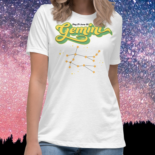 Front view of model wearing white women's Gemini Tee. This Astrology T-Shirt has the word Gemini in large lemon yellow script shadowed in bright green for a 3-D effect. Above this it Says May 21-June 20. Under Gemini is the star constellation with yellow stars connected by a black line and yellow smaller stars surrounding this. The perfect May or June Birthday Gift for Her or yourself.