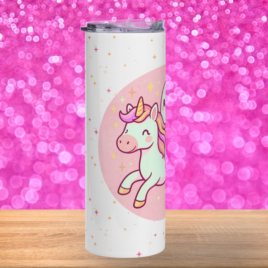 Tumbler 20 oz Left side view. White Tumbler with multi colored glitter stars. You see Part of a pastel pink circle. In the circle you see the front of a kawaii smiling unicorn with a rainbow mane. Pink Pastel Goth Crafter Gift