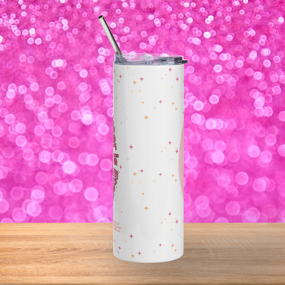 White Stainless Steel Tumbler 20 oz back view. On the white background you see multi colored pastel glitter stars. On the left you glimpse the text and on the right you see part of the pink circle. You see the metal straw coming up out of the top of the tumbler above the sides of the clear lid. Funny Gift Ideas