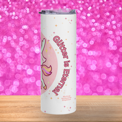 White 20 oz Stainless steel skinny tumbler with multicolored glitter stars. The right side of the pink circle is visible. Inside you see the ghosts hand raised up and the rainbow tail of the unicorn. To the right curving around the side of the circle in pink bubble gum text, "Glitter is Eternal!". Pink unicorn tumbler