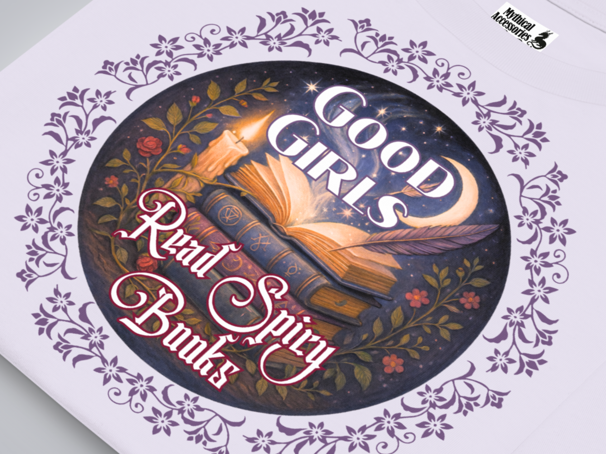Up close view of graphic on a lavender women's tee. Graphic has a dark purple floral frame around the circle graphic. The graphic has a botanical feel surrounding a stack of magic books with the top book open with light emanating from the book. A candle is lit nearby and a starry sky with a crescent moon is above the books. Above the books it states "Good Girls" in white with a purple border. Below the books it states "Read Spicy Books" in white with a raspberry colored bordered