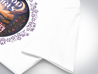 Up close view of white graphic tee to see the double needle hem on the sleeve. You can see part of the graphic.