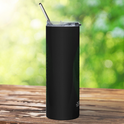 Green Dragon Tumbler back view. You see a black tumbler with edges of green to both sides. Above the tumbler you see the metal straw sticking out of the lid. 