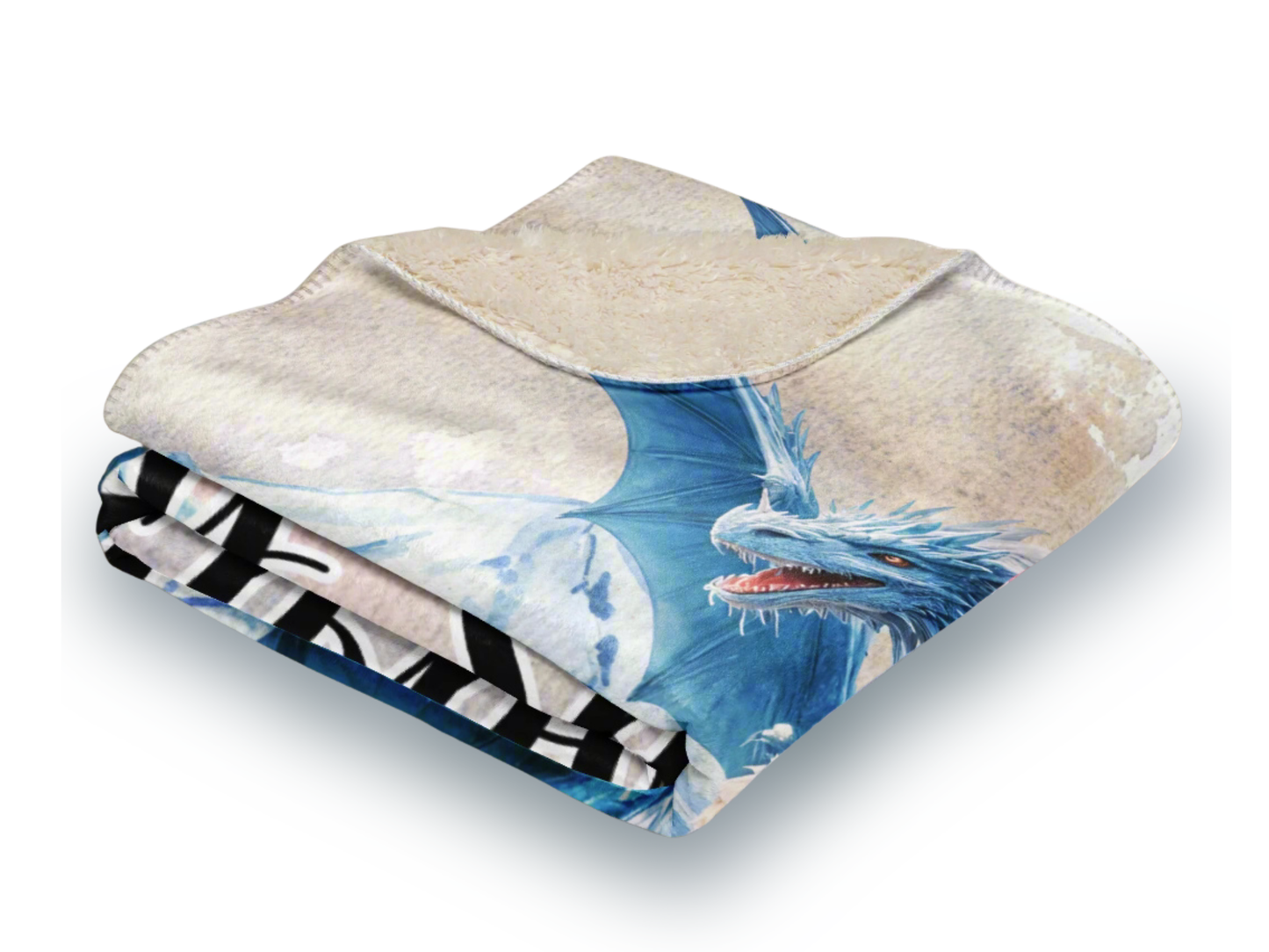 Ice dragon throw blanket folded into a square. The top corner is folded down to show the plush sherpa back of the blanket. Fantasy Dragon DD TTRPG