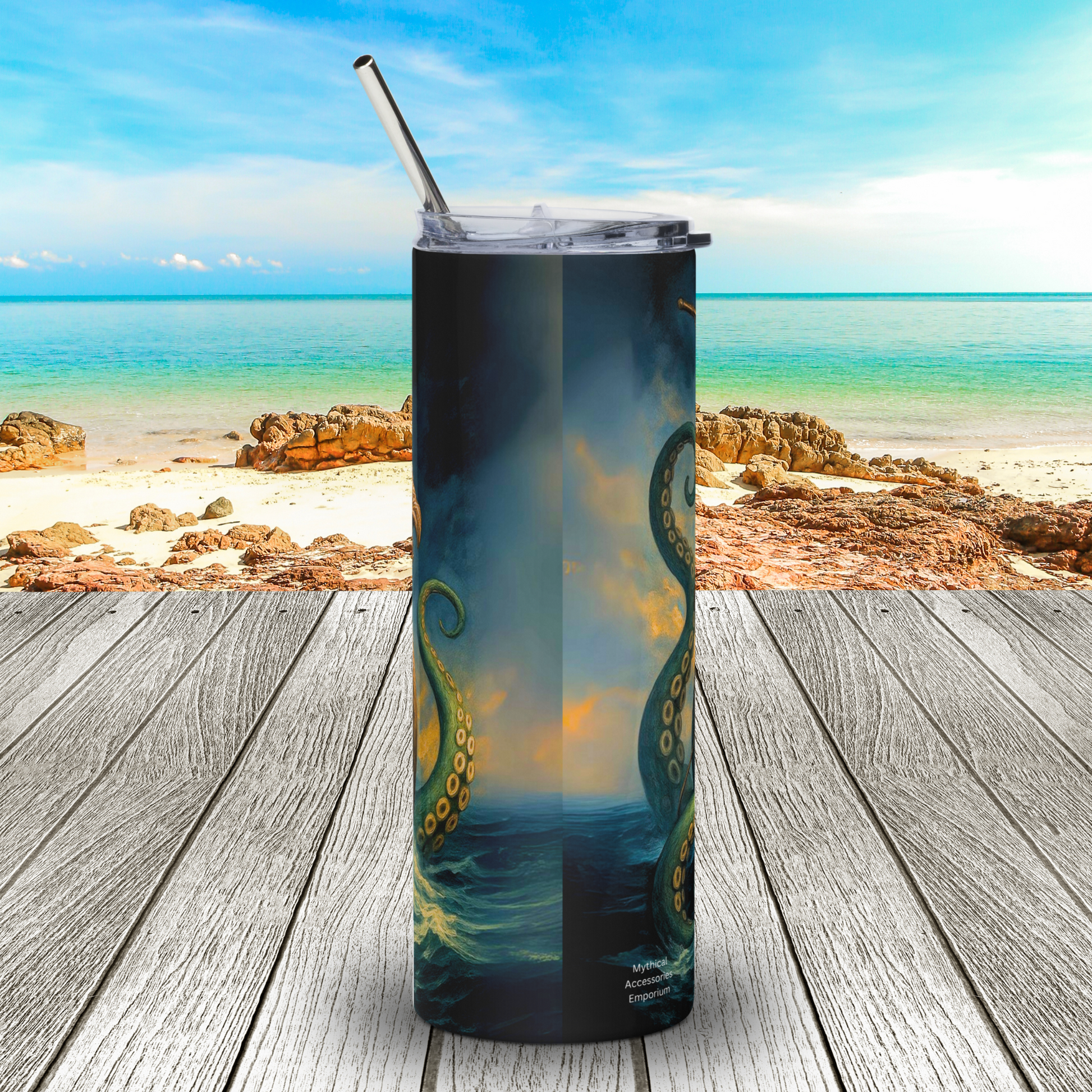 Back view of the 20 oz tumbler with lid and metal straw. Here you see the left and right side of the image come together with storm tossed waves, angry skies, and green kraken cryptid tentacles. Ren Fair DND gifts