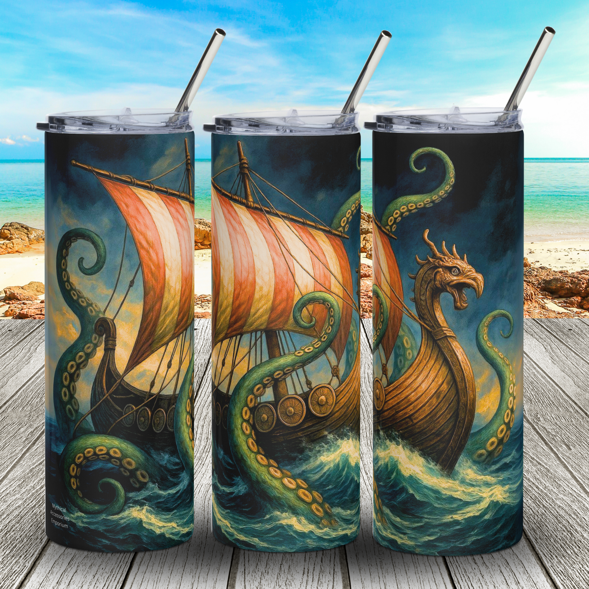 Collage of the front, left, and right side of the tumbler. Against a stormy sky a Viking Longship with a dragon head and red and white striped sail is on a storm swept ocean wrapped in green Kraken tentacles on all sides. BPA free push on lid and metal straw can be seen. Viking sea pirate Longship