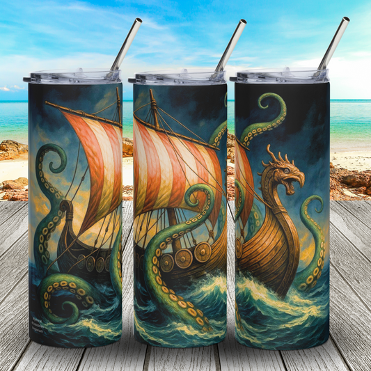 Collage of the front, left, and right side of the tumbler. Against a stormy sky a Viking Longship with a dragon head and red and white striped sail is on a storm swept ocean wrapped in green Kraken tentacles on all sides. BPA free push on lid and metal straw can be seen. Viking sea pirate Longship