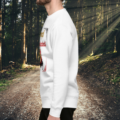 Complete Left Side View Men's White Sweatshirt, Poisoned Apple Enthusiast above a decaying apple sitting in a black pool of poison. Based on Grimms Fairy Tale Snow White, Dark Fantasy Gift 