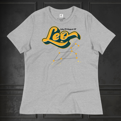 Front view of flat lay athletic heather grey women's Leo Tee. This astrology Leo T-Shirt has the word Leo in large yellow script shadowed in deep green for a 3-D effect. Above this it Says July 23-August 22. Under Cancer is the zodiac star constellation with yellow stars connected by a black line and lighter yellow smaller stars surrounding this. The perfect July or August Birthday Gift for Her or yourself.