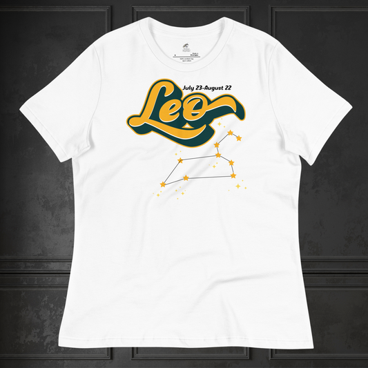 Front view of white flat lay women's Leo Tee. This astrology Leo T-Shirt has the word Leo in large yellow script shadowed in deep green for a 3-D effect. Above this it Says July 23-August 22. Under Cancer is the zodiac star constellation with yellow stars connected by a black line and lighter yellow smaller stars surrounding this. The perfect July or August Birthday Gift for Her or yourself.