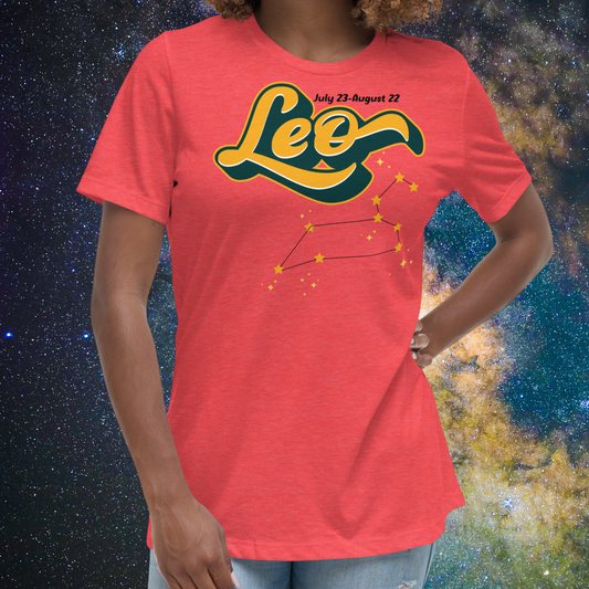 Front view of model wearing  Heather Red women's Leo Tee. This astrology Leo T-Shirt has the word Leo in large yellow script shadowed in deep green for a 3-D effect. Above this it Says July 23-August 22. Under Cancer is the zodiac star constellation with yellow stars connected by a black line and lighter yellow smaller stars surrounding this. The perfect July or August Birthday Gift for Her or yourself.