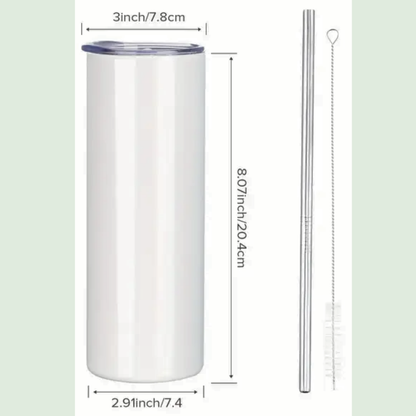 You see a white tumbler with lines and measurements. The lid is 3 inches across. The tumbler is 8.07 inches high and 2.91 inches across. Included are pictures of the metal straw and cleaning brush that come with the tumbler.