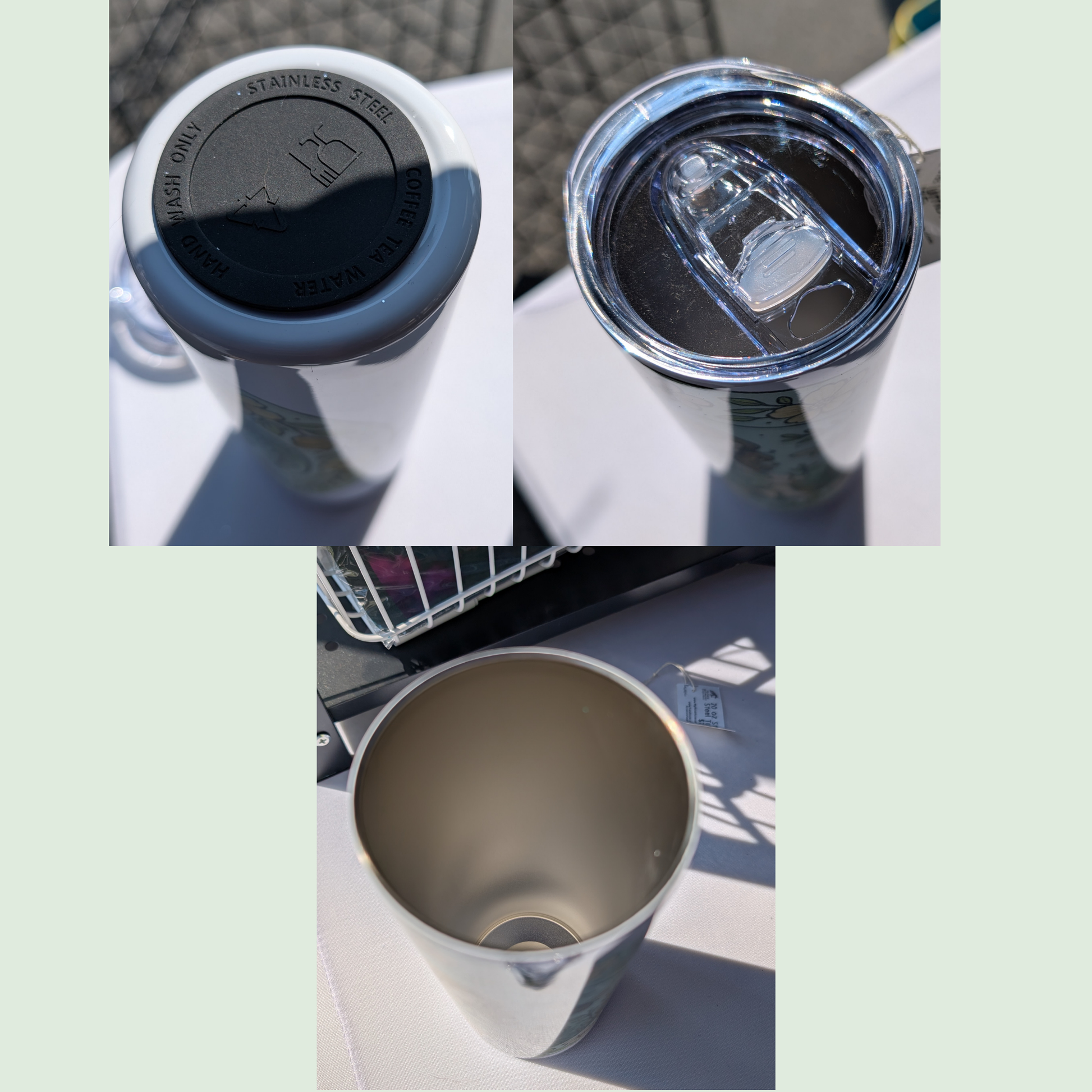 This is a collage of the bottom, the top, and the inside of the tumbler. You see the black silicone pad on the bottom of the tumbler. The lid is on the top of the mug and you can see the sliding mechanism that opens and closes the hole for drinking or for putting the metal straw into it. And you see the inside of the 304 food grade stainless steel tumbler. These photos were all taken between customers at my local Farmer's Market