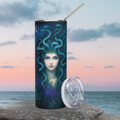 Medusa 20 oz Stainless Steel Tumbler front view with BPA free plastic lid leaning against the right side. The metal straw can be seen sticking up above the tumbler. Medusa in purple covered in vines with blue snakes for hair writhing around her head. A crescent moon to the left against the night sky. Greek Mythology Book Lover Gift