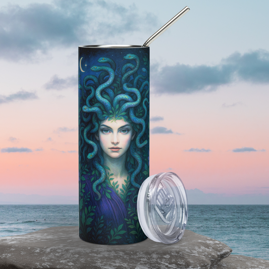 Medusa 20 oz Stainless Steel Tumbler front view with BPA free plastic lid leaning against the right side. The metal straw can be seen sticking up above the tumbler. Medusa in purple covered in vines with blue snakes for hair writhing around her head. A crescent moon to the left against the night sky. Greek Mythology Book Lover Gift