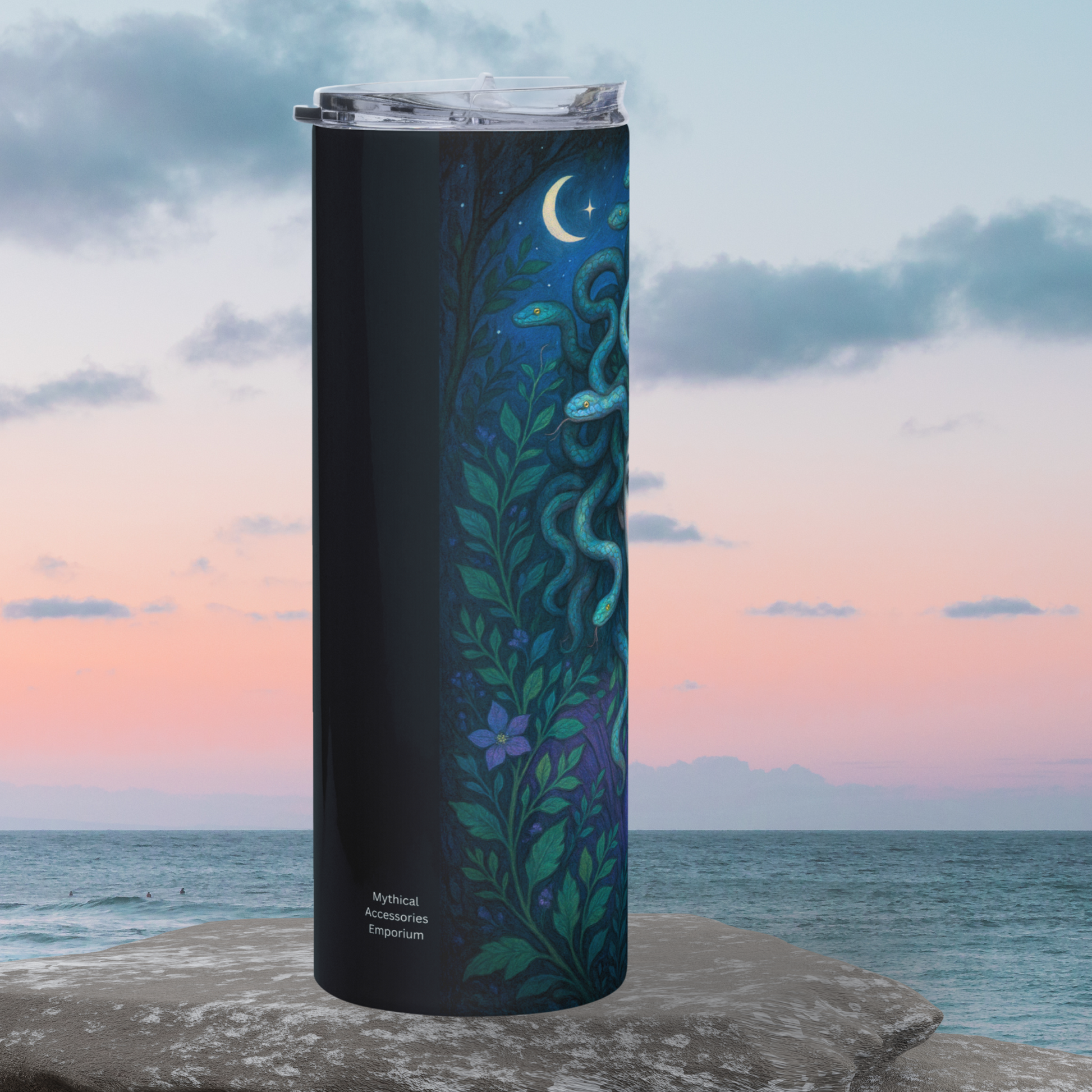 Medusa Steel Tumbler 40 oz Tumbler right side. The right side of the gorgon's hair is visible under the crescent moon. Vines and purple flowers wrap up the side of the tumbler. Pagan Friend Gift