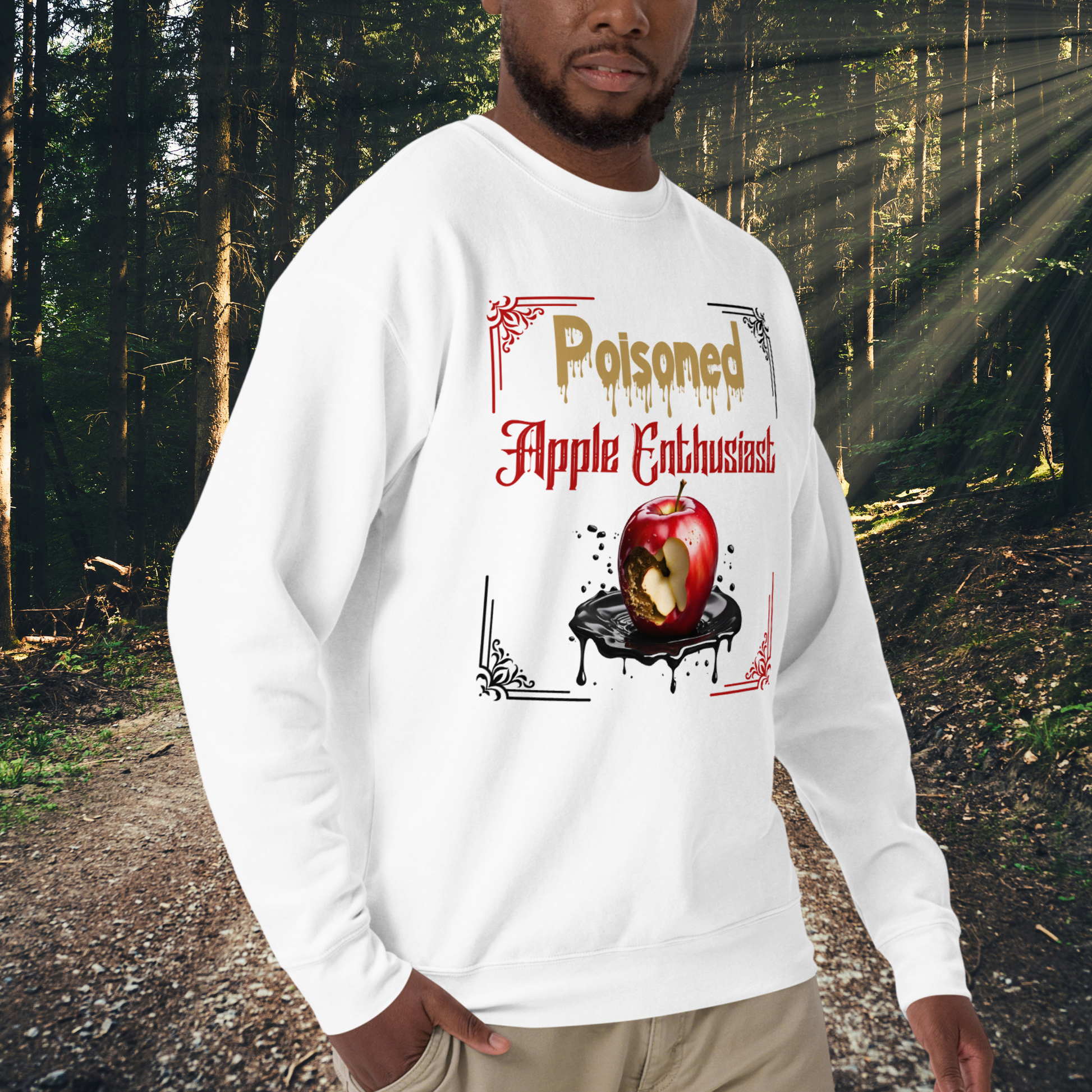 Left Twist View Men's White Sweatshirt, Poisoned Apple Enthusiast above a decaying apple sitting in a black pool of poison. Based on Grimms Fairy Tale Snow White, Dark Fantasy Gift 