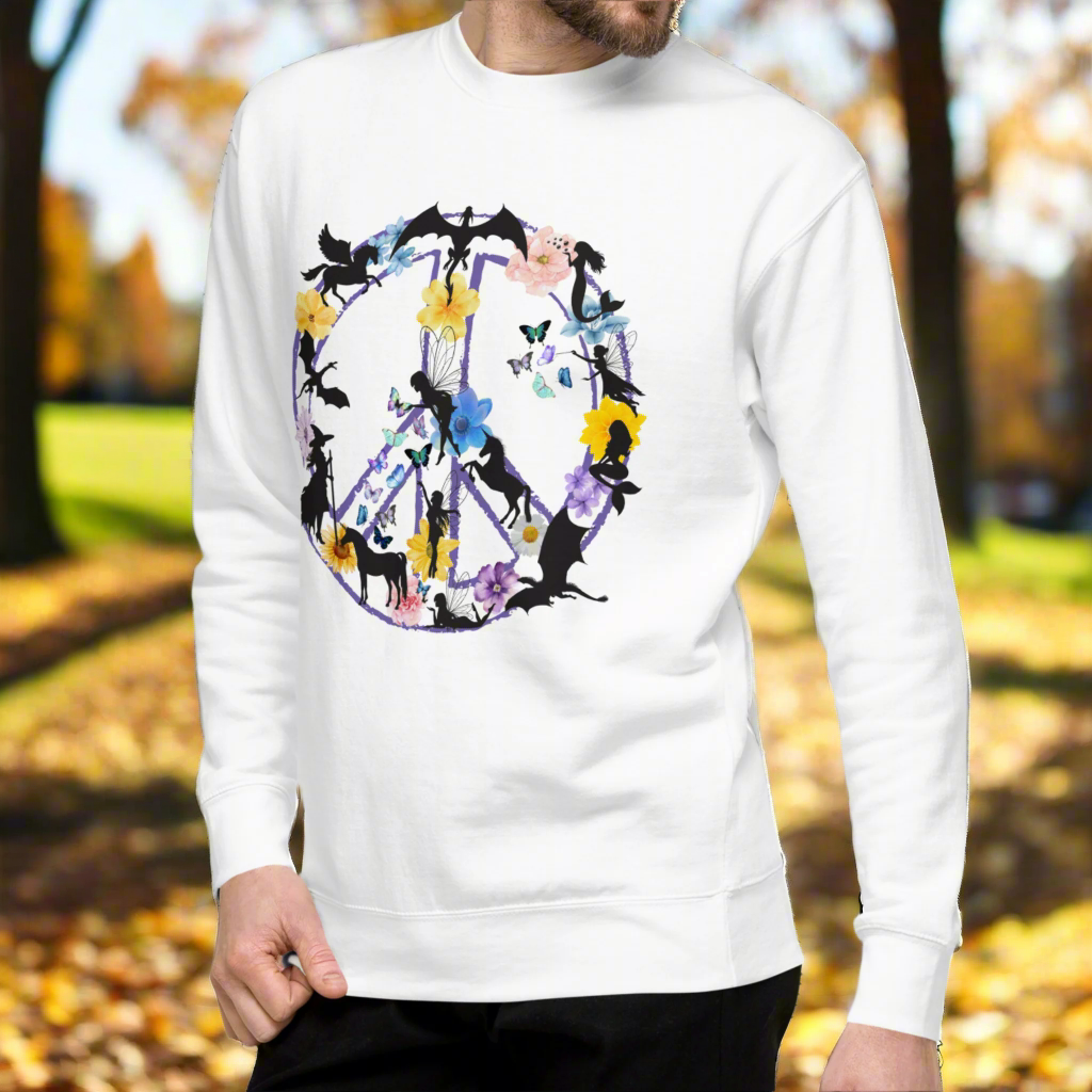 Men's Side Front View White Fantasy Peace Sign men's Sweatshirt. Purple Peace Sign Outline filled with fantasy creatures dragons, mermaids, fairies, pegasus, a witch, butterflies, and flowers. 