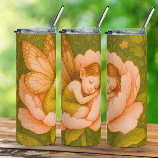 Peony Flower Fairy Stainless Steel 20 oz Tumbler view of left, front, and right side. Large pink peony flower with a sleeping fairy in a green dress curled up in the middle. She has large butterfly wings. Metal straw can be seen above the edges of the BPA free plastic lid. Book Lover's Gift