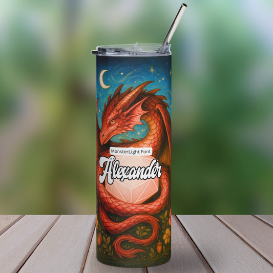 Red Dragon D20 Personalized Stainless Steel Tumbler 20 oz Front View. Red Dragon wrapped around a glowing red D20. Across the D20 is the customized name Alexander in the font Monster Light. The dragon is against a night sky with a crescent moon. Below and around the dragon are vines and flowers. The BPA free push on lid is on and you can see the metal straw above the lid.