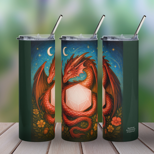 Customizable Red Dragon Stainless Steel 20 oz Tumbler collage of left side, front, and right side. The red dragon with wings to each side is wrapped around  glowing red D20 reflecting on the dragon's scales. Above the dragon is a starry night sky with a crescent moon. The dragons is on a floral botanical background with vines, flowers, and acorns. 