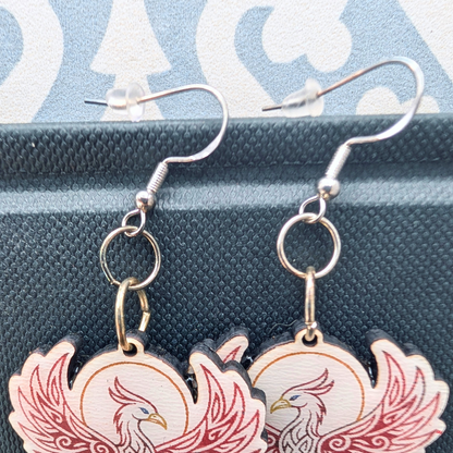Phoenix Earrings, Handmade Wood Jewelry