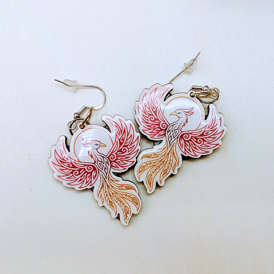 Phoenix Earrings, Handmade Wood Jewelry