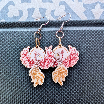 Phoenix Earrings, Handmade Wood Jewelry