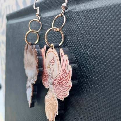 Phoenix Earrings, Handmade Wood Jewelry