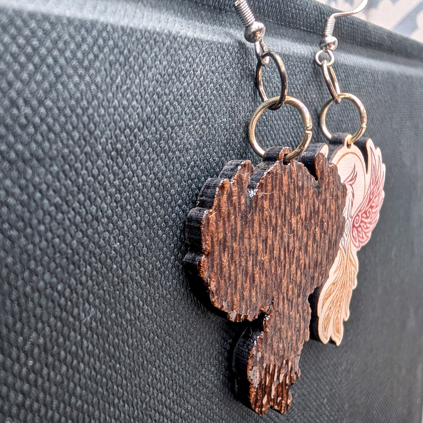 Phoenix Earrings, Handmade Wood Jewelry