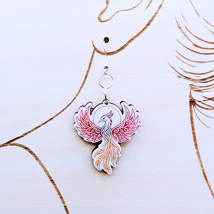 Phoenix Earrings, Handmade Wood Jewelry