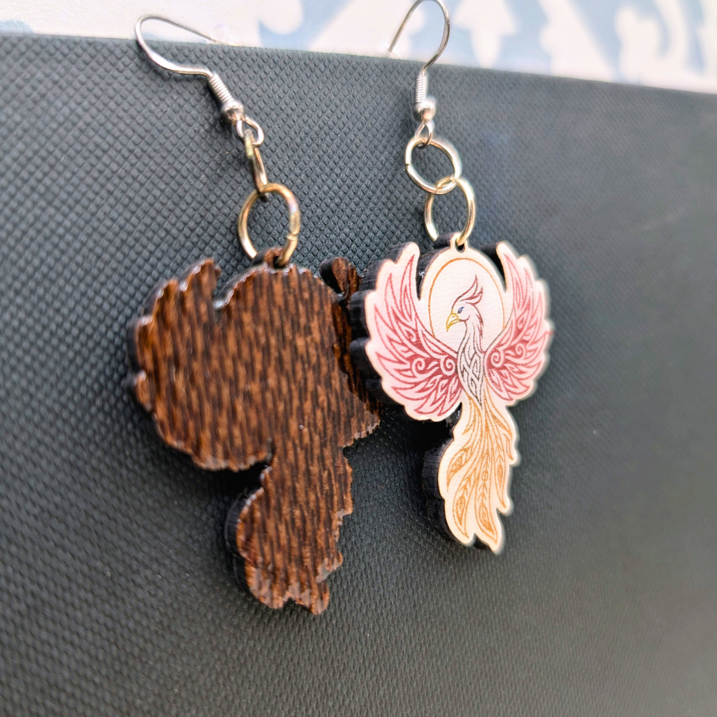 Phoenix Earrings, Handmade Wood Jewelry