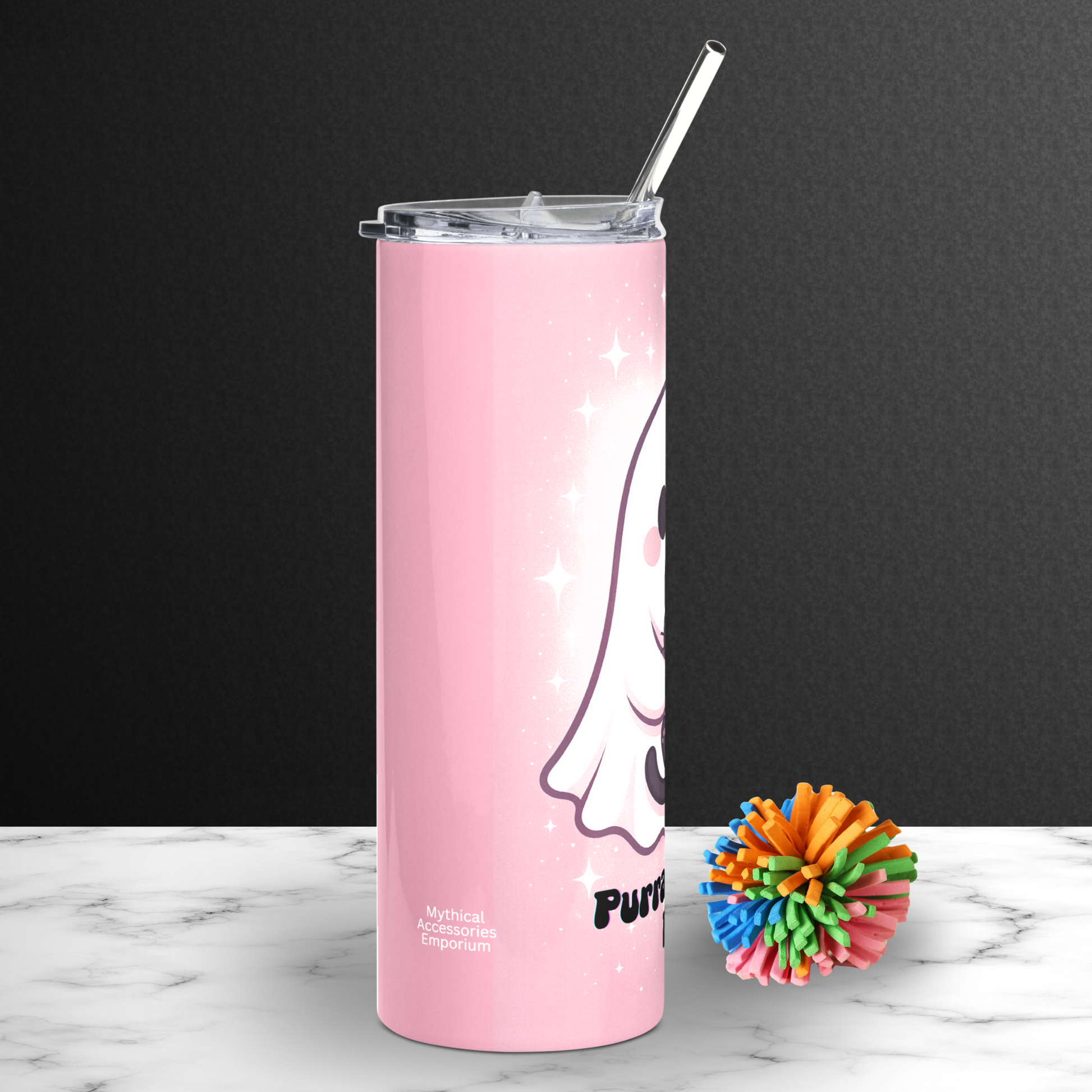 Left side Pink Ghost Black Ghost Stainless Steel Tumbler with metal straw peeking over the top. You can see the left side of the ghost and the tail of the cat. Whimsigoth Halloween Mug