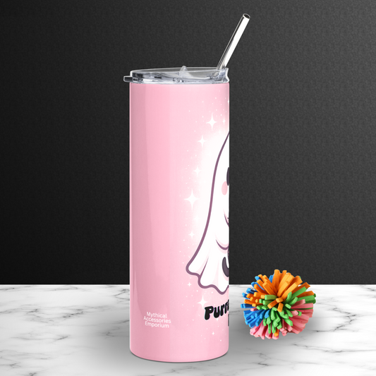 Left side Pink Ghost Black Ghost Stainless Steel Tumbler with metal straw peeking over the top. You can see the left side of the ghost and the tail of the cat. Whimsigoth Halloween Mug
